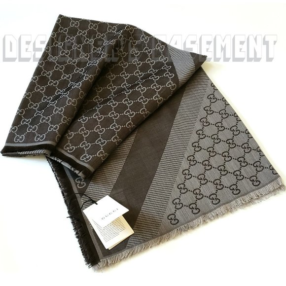 GUCCI brown & taupe GGWEB giant 55"- square wool & silk pashmina shawl scarf NWT - Picture 2 of 10